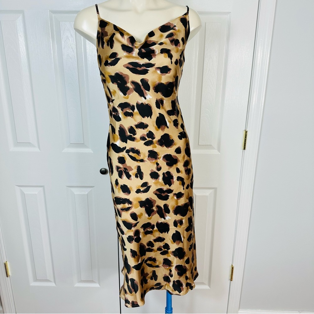 FOREVER 21 ANIMAL PRINT dress PARTY DRESS slip dress flouncy tan black dress S - Picture 4 of 9